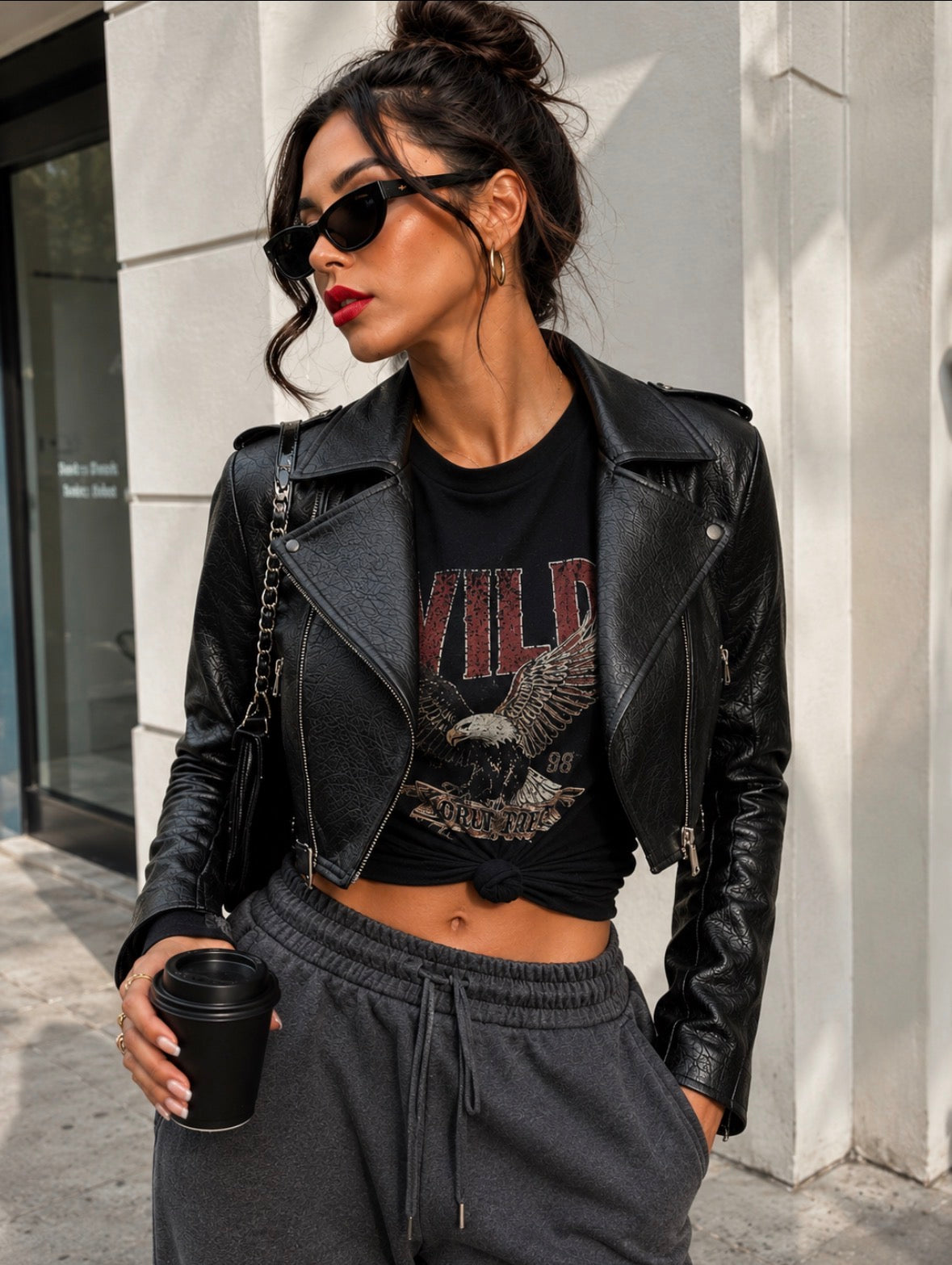 Leather collared crop jacket