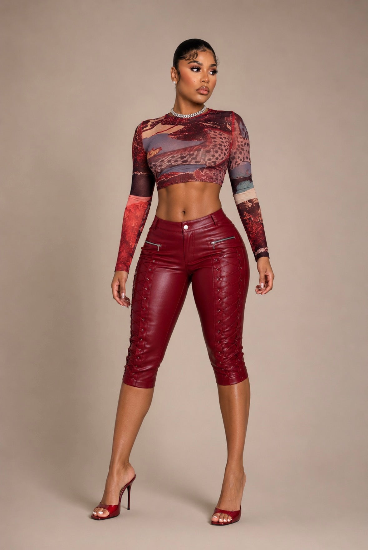 Lace up pleather capris
